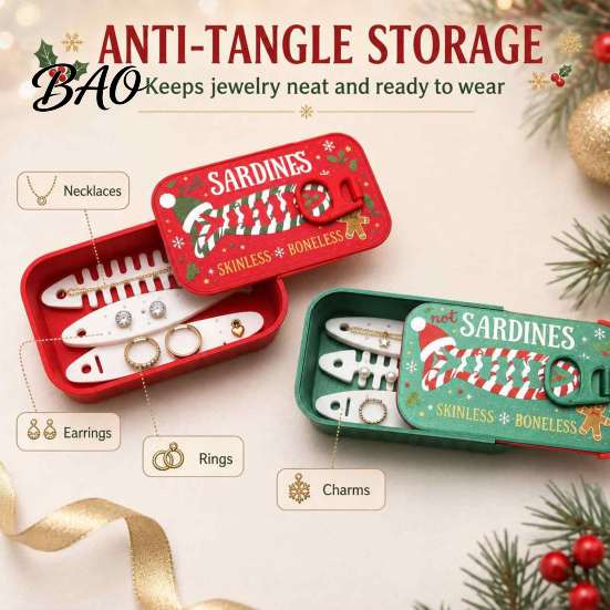 Small Jewelry Holder Christmas Sardine Tin Shaped Box, Portable Travel Jewellery Storage Case with Can Box Fish Bone Divider, Mini Necklace