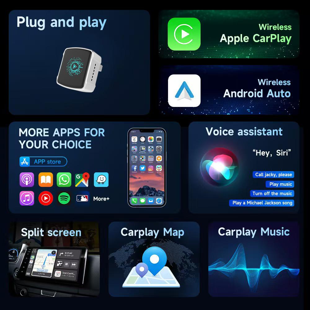 2 In 1 Wired To Wireless Carplay&Android Auto Smart Dongle AI Box Mini Adapter Compatible with 99% of Cars Plug and Play WiFi