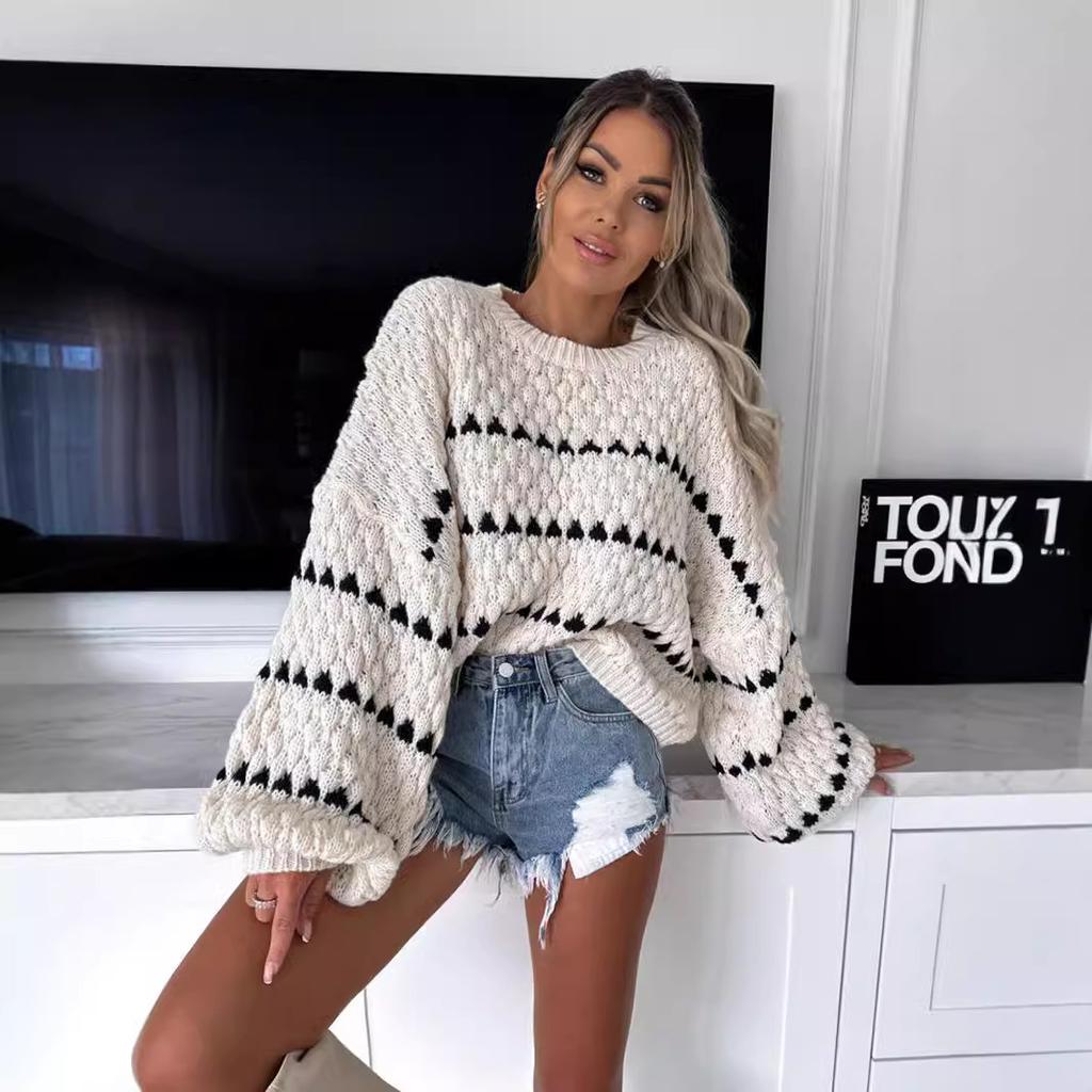 Autumn and winter new sweater thick needle loose oversize Fried Dough Twists stripe round neck pullover women 3614