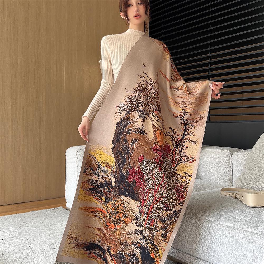 

Шарф с пейзажем в этническом стиле, масляная живопись - мода на осень/зиму для студенток, теплая шаль из искусственного кашемира Golden Dye Autumn Series; 190—65CM