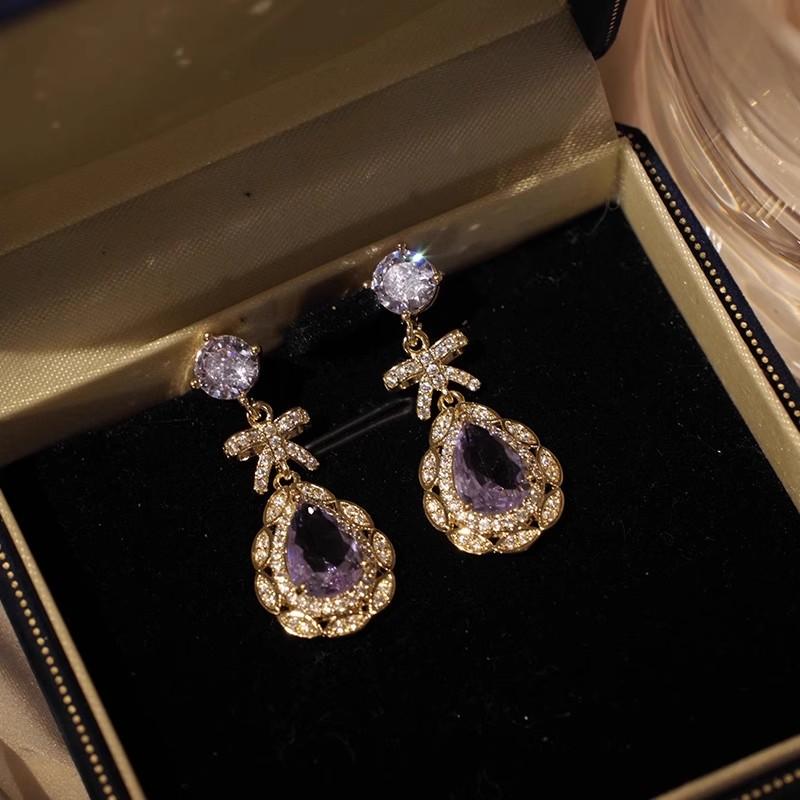 Huitan Women Aesthetic Drop Earrings Gold Color Luxury Wedding Accessories with Shiny Purple CZ Elegant Party Chic Zircon Gift