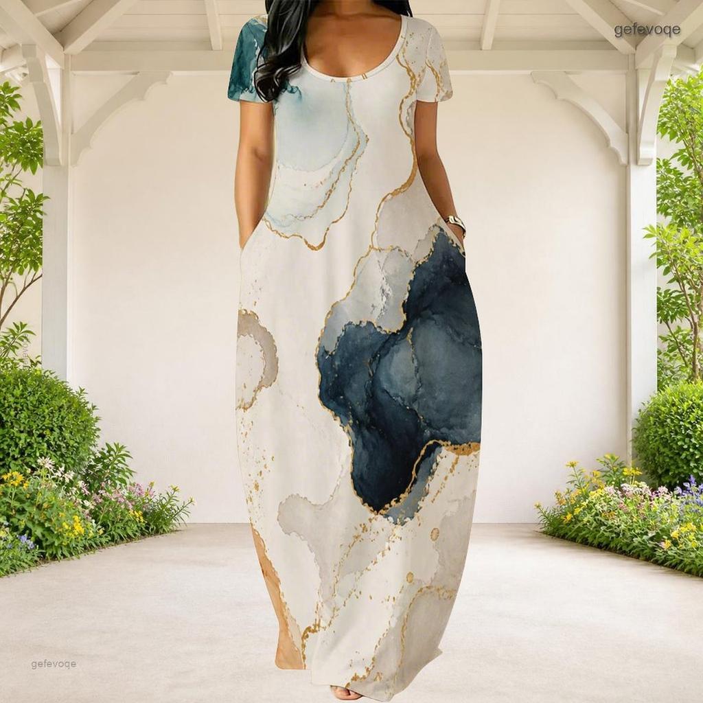 Women Plus Size Round Neck Short Sleeve Abstract Printed Loose Maxi Dress With Side Pockets