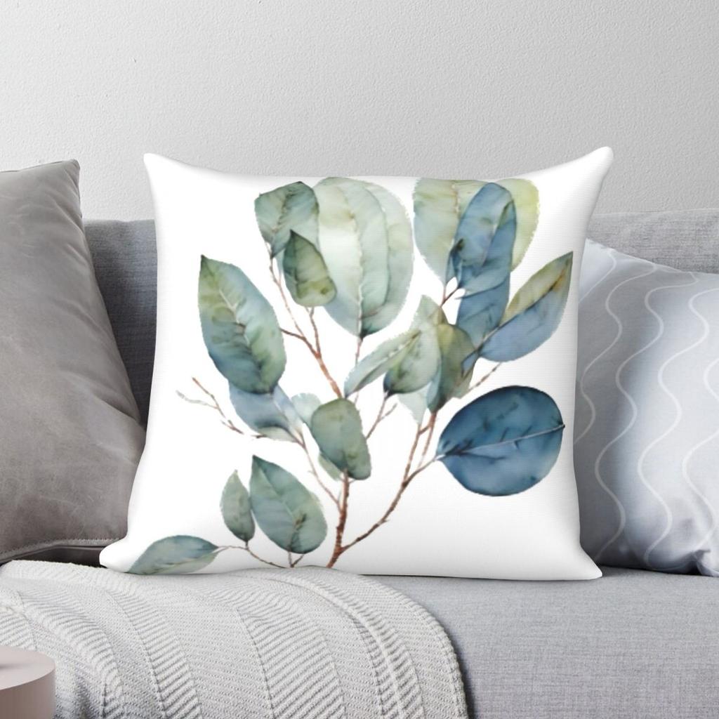 Teal Green Eucalyptus Leaves Square Pillowcase Polyester Linen Velvet Creative Zip Decorative Sofa Cushion Cover