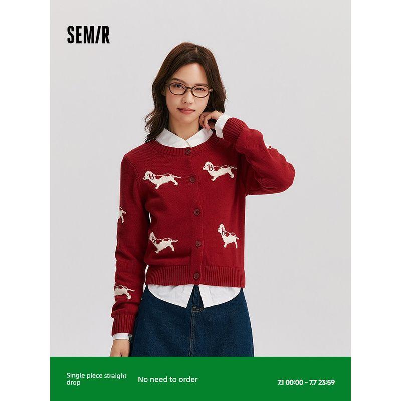 

Senma Knitting Cardigan Female Short round Neck New Year Red 2024 Winter New Arrival Fun Puppy Jacquard Tops Playful Blue and white tone 00481 155/80A/S