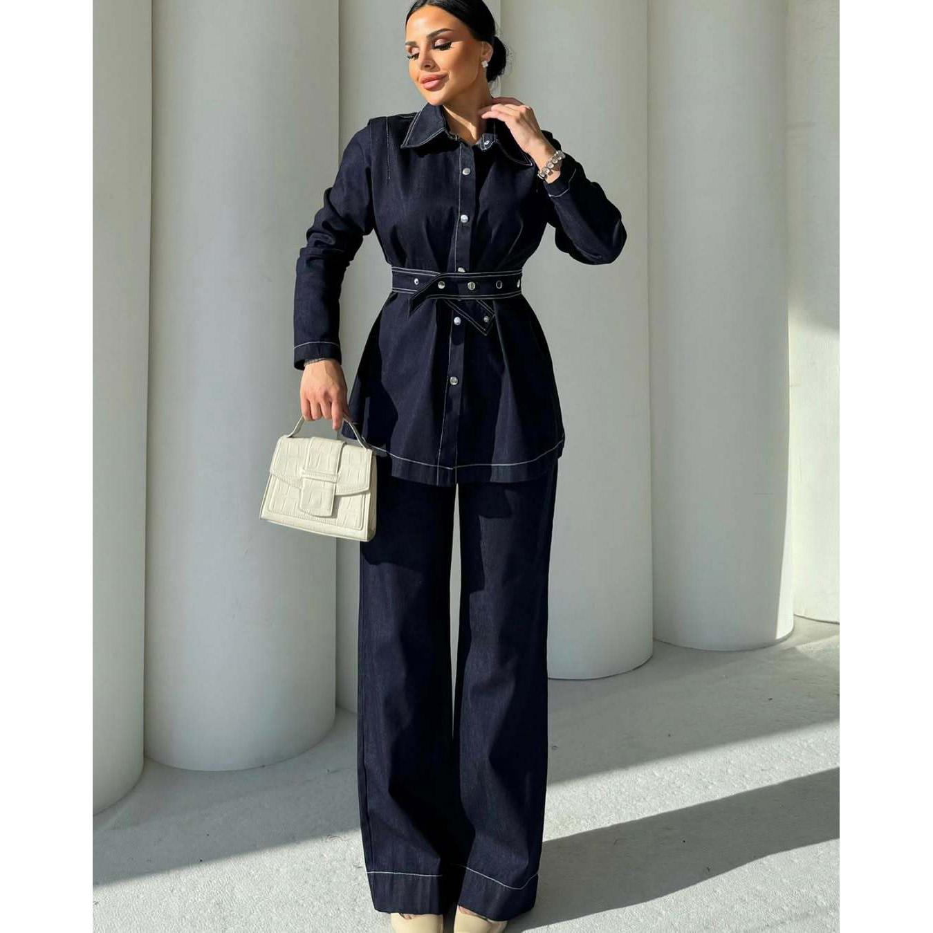 

Джинсовий костюм жіночий набір з двох предметів відкладний комір джинси мом висока посадка ремінь топи широкі штани довгі штани висока посадка комплекти, що поєднуються XL