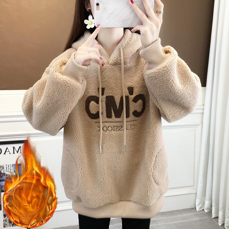 

Вовняний худі з вишивкою для жінок на осінь та зиму Новий корейський вільний топ, що омолоджує, Потовщена куртка 2XL