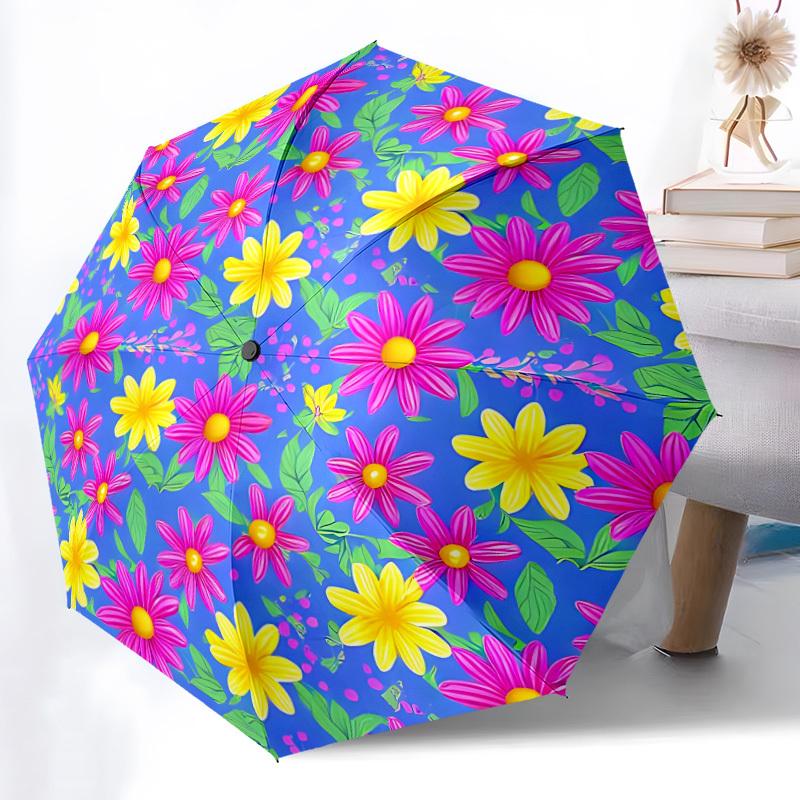 1pc Floral Pattern Automatic Umbrella - Stylish, Durable, with 8-Rib Manual Open Design, Elegant Black Handleyy250920157