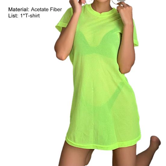 Swimsuit Cover Up Solid Color Loose See-through Pullover Beach Shirt for Holiday