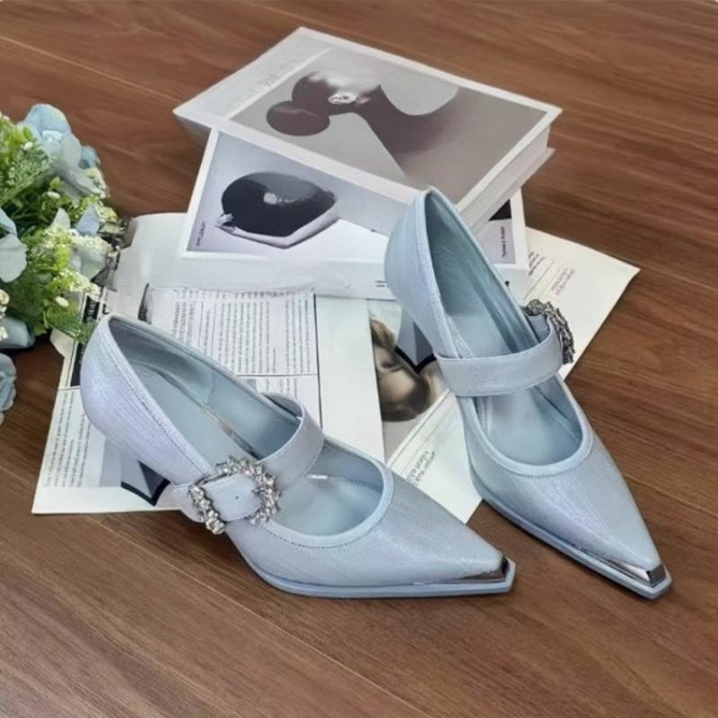 

Fashion New Versatile Temperament Fashion Rhinestone Explosive One-band Ultra-soft Low-top Pointed Toe Shallow Single Shoes 34 небесно-голубой