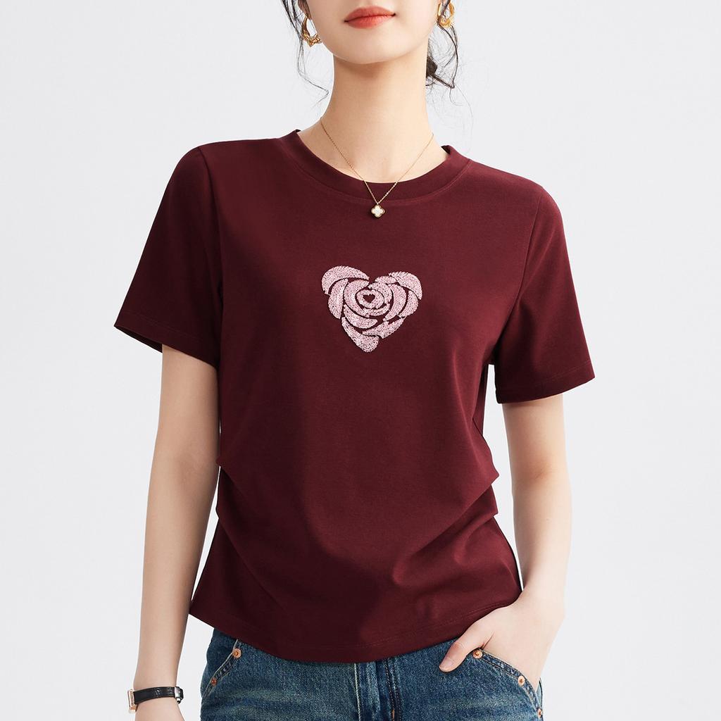 Damen Sommer Bequem Lässig Schlicht Spaß Liebe Stickerei Locker Alles Rundhals Kurzarm Top