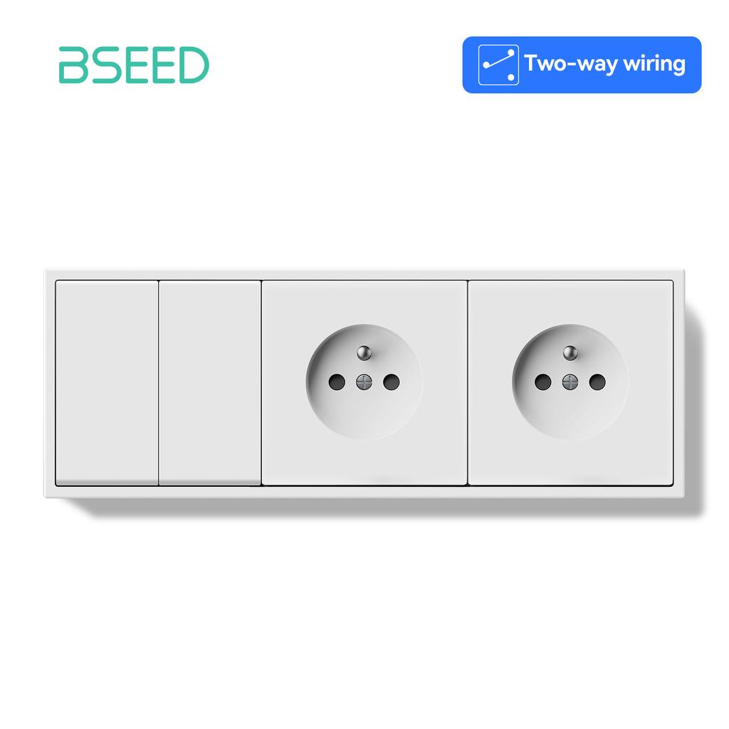 BSEED 1/2Gang Mechanical Button Light Switch 1/2Way Wall Switches Plus French Sockets Power Outlets Plastic Panels White Series
