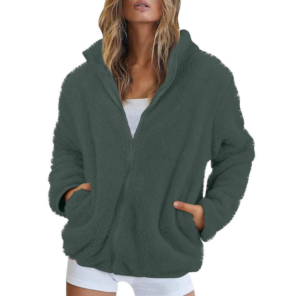Women's Solid Color Fashionable Winter Loose High Neck Long Fleece Plush Warm Zipper Jacket