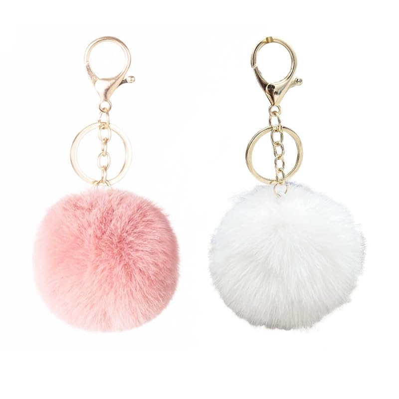 

[COZENTA] charm Fluffy pom pom key ring cute set of 2 (Pale pink 2 white)