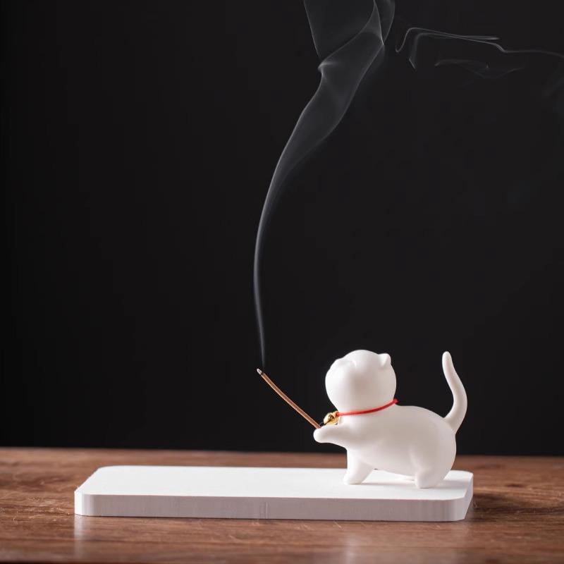 Ceramic Cat Incense Holder - Cute Aroma Burner for Home and Office