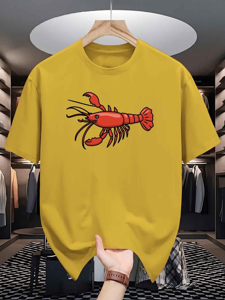 Cartoon Red Crayfish Graphic Mens Crew Neck T Shirt Simple Seafood Creature Print Short Sleeve Casual Cotton Daily Summer Tops