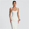 2026 Spring European & American Style Square Neck Pleated Spaghetti Strap Waist-Cinched Hip-Hugging Long Dress