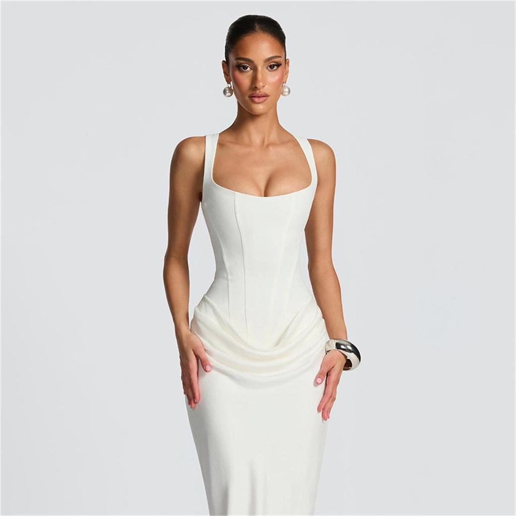 2026 Spring European & American Style Square Neck Pleated Spaghetti Strap Waist-Cinched Hip-Hugging Long Dress
