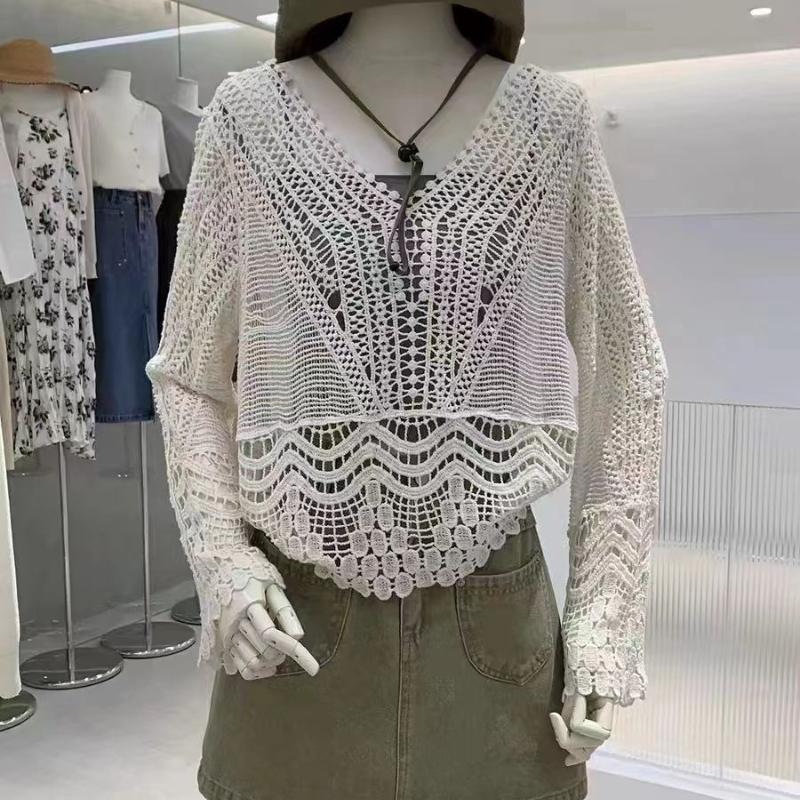 Bohemian Style V-neck Crochet Hollow Knit Sweater for Women's Summer Outerwear Batball Sleeve High-end Top