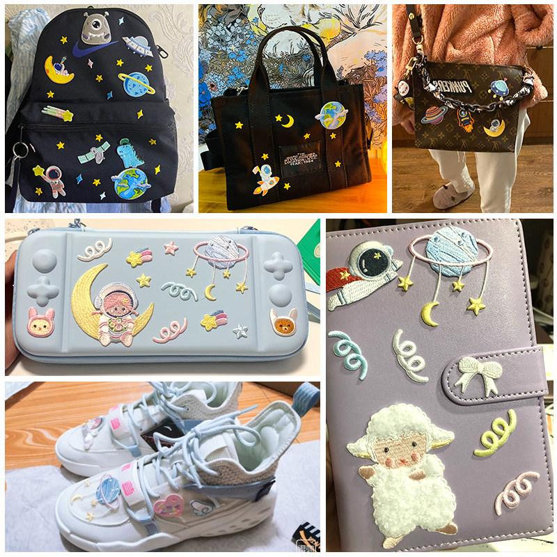 Self-Adhesive Cloth Sticker Universe Planet Embroidery Sticker Astronaut Pattern Sticker Clothes Hole Patch Sticker Bag Decorative Sticker