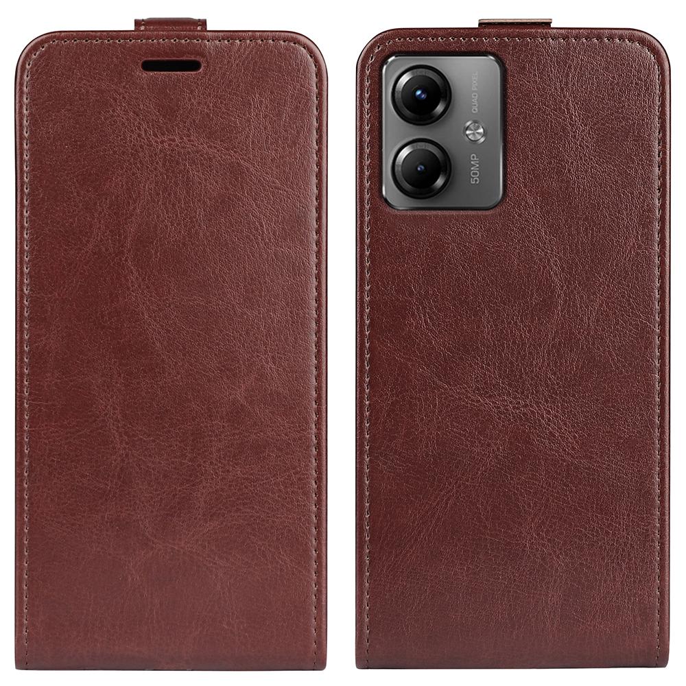 

For Motorola Moto G14 4G Phone Case Card Holder Crazy Horse Texture Vertical Flip PU Leather Cover Brown
