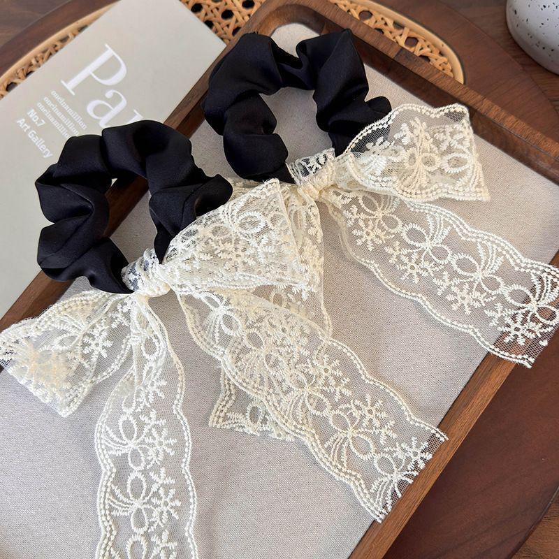 Women s Large White Lace Bow Hair Tie with Detachable Long Ribbon - Retro Style Scrunchie