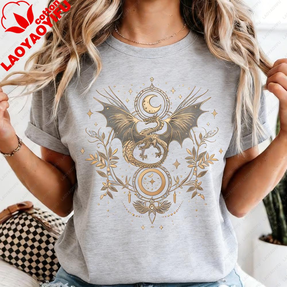 Celestial Dragon Moon Phase T-Shirt Witchy Boho Floral Tee Gothic Style Women Fashion Casual Tshirt Retro Design Printed Tops