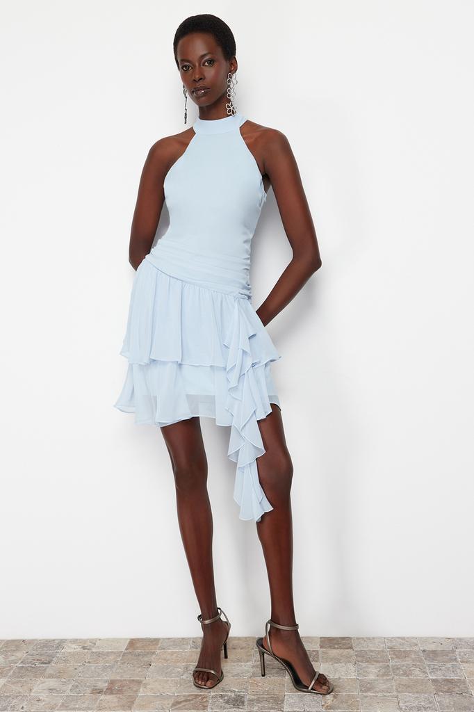 Women's Dress New Season Fashion Light Blue Chiffon Ruffle Elegant Woven Evening Dress