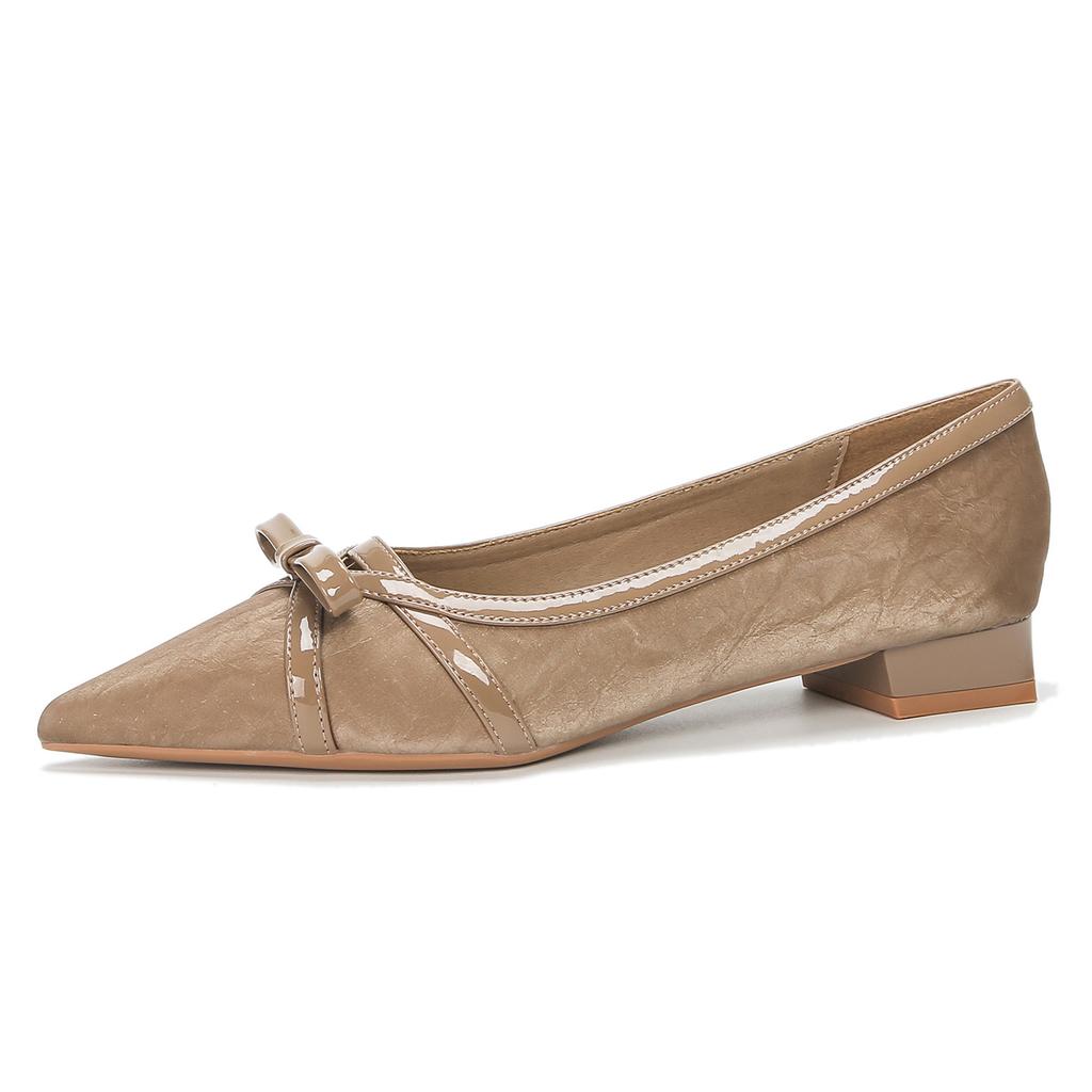 French Small Heels Design Sense Niche Gentle Low Heel Single Shoes Women's 2cm Spring Bow Pointed Not Tired Feet Women's Shoes