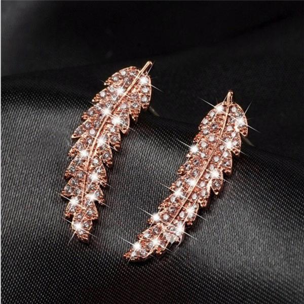 Orecchini A Foglia Dorata Con Cristallo E Strass - A Bottone, In Argento 925 - Gioielli Eleganti Per Donna E Ragazza