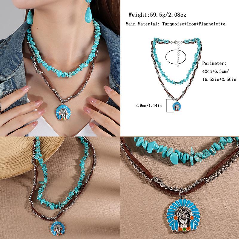 Sommer Perlen Mehrschichtig Türkis Halskette Ethnischer Stil Kaktus Strand Choker Anhänger Retro Westlich Land Halskette Geschenk