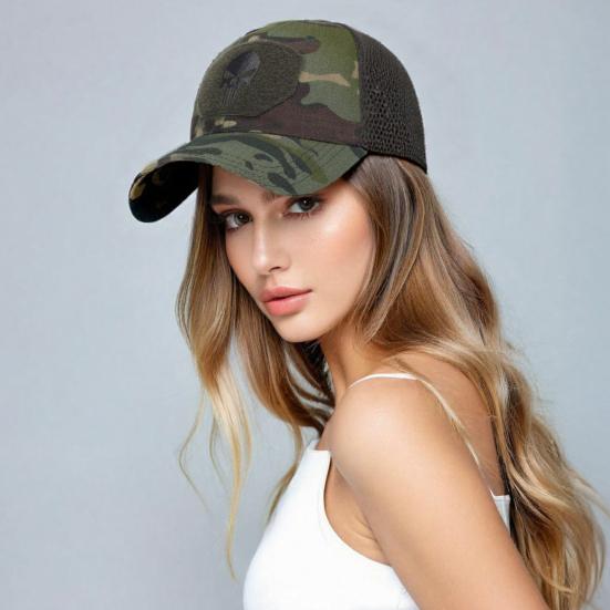 

Baseball Hat Breathable Mesh Splicing Extended Brim Skull Print Sport Hat Adjustable Summer Travel Hat B