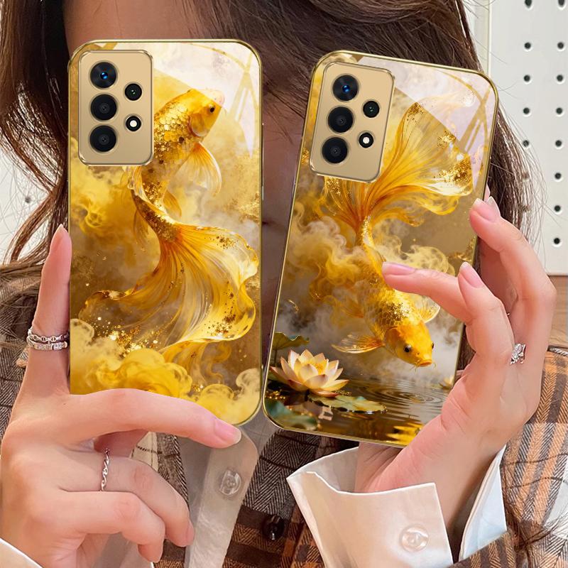 Harmonický zlatý kapr Pro Samsung A 01 52S A04 A05S A10 A12 13 22 23 24 36 42 M02 Note 10 20Ultra 8 9 Zlaté skleněné pouzdro na telefon