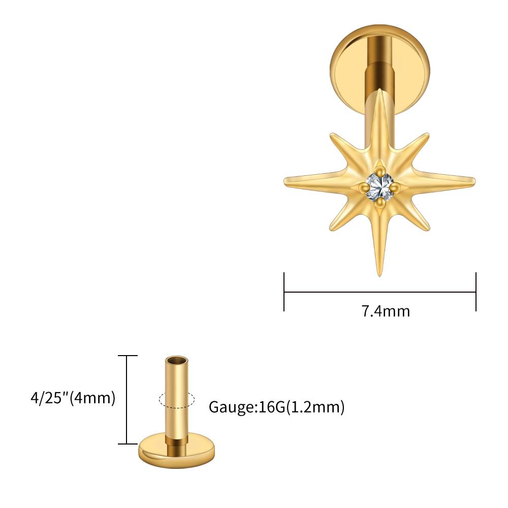 Right Grand ASTM F136 Titanium CZ North Star Flat Back Earring 16G Tiny Starburst Helix Cartilage Stud Earlobe Piercing Jewelry