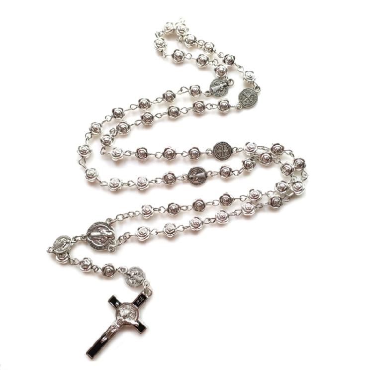 Rose Rosary Beads Rosary Necklace Catholic Prayer Silver Beads High Quality