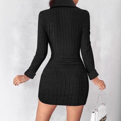 Damen Herbst und Winter Unifarbene Langarm V-Ausschnitt Enganliegendes Kurzes Kleid
