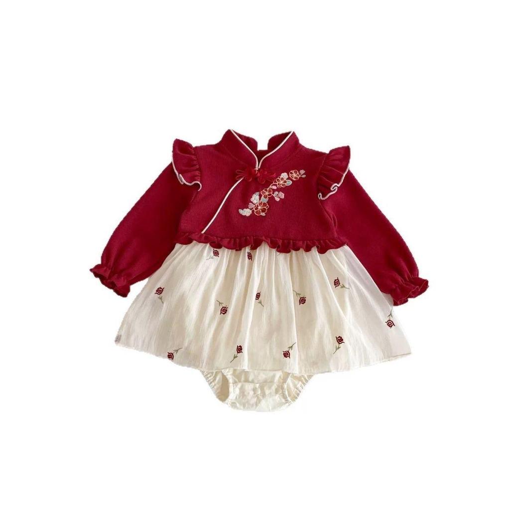 Tuta Pagliaccetto Principessa Bambina Stile Cinese - Outfit Primavera & Autunno per 100 Giorni a Un Anno