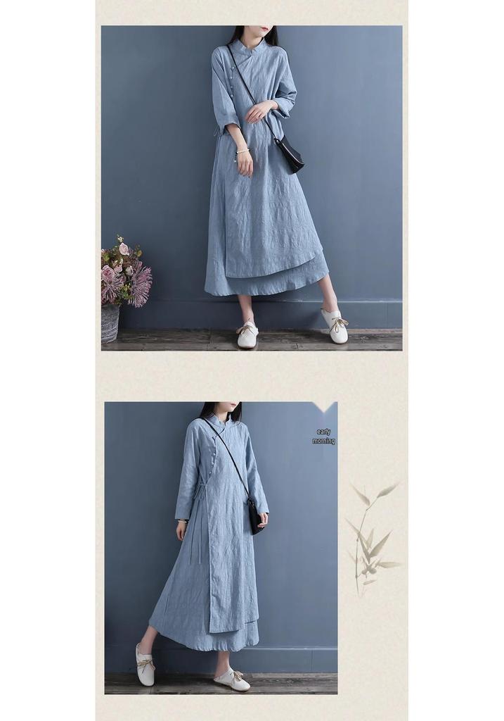 2024 Women's Double Layer Chinese Frog Button Cotton Linen Dress for Spring/Autumn - Retro Zen Tea Ceremony Style
