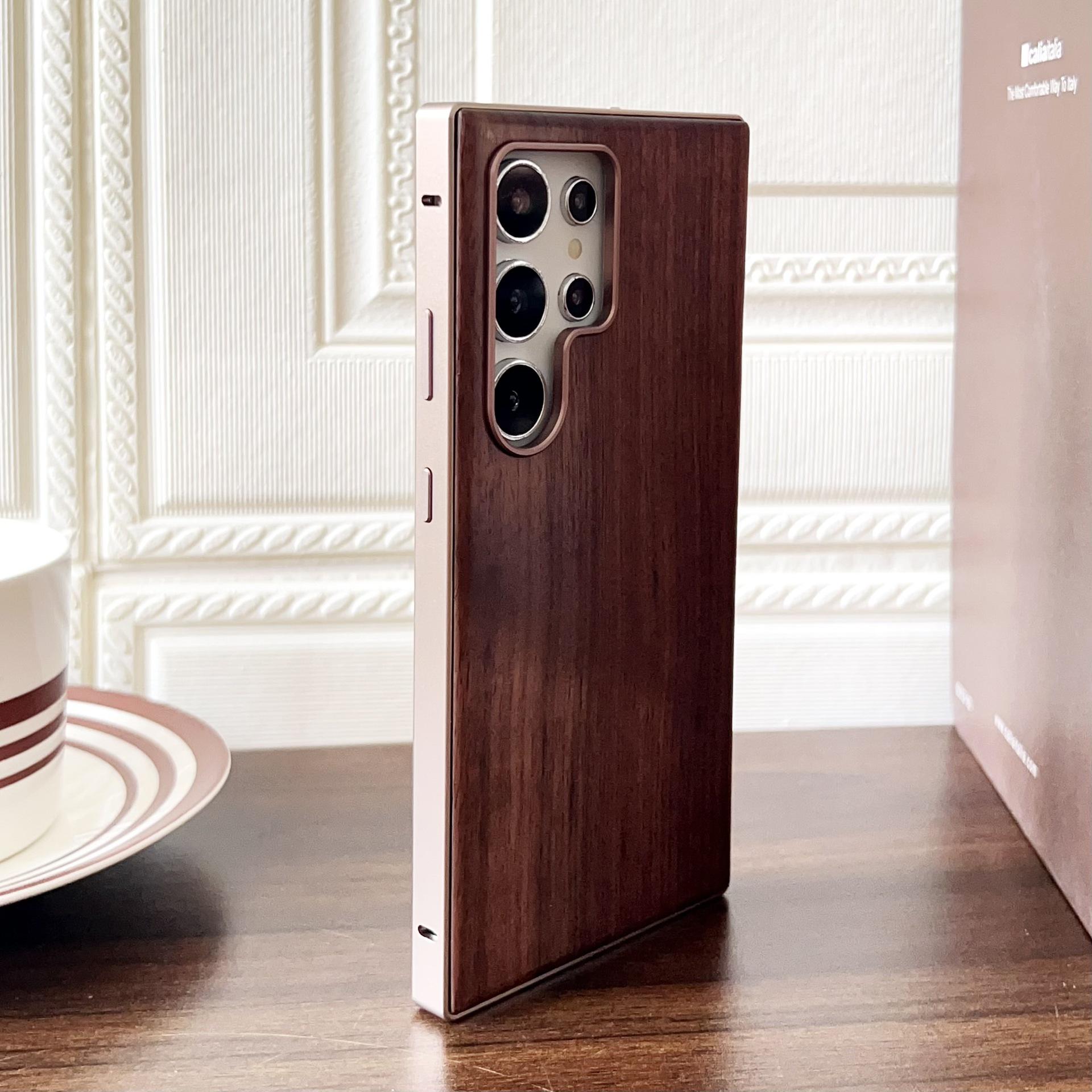 Samsung S25 Ultra Walnut Wood Magnetic Snap-On Case with Metal Frame, Compatible with S23 & S24. Samsung S25 Ultra