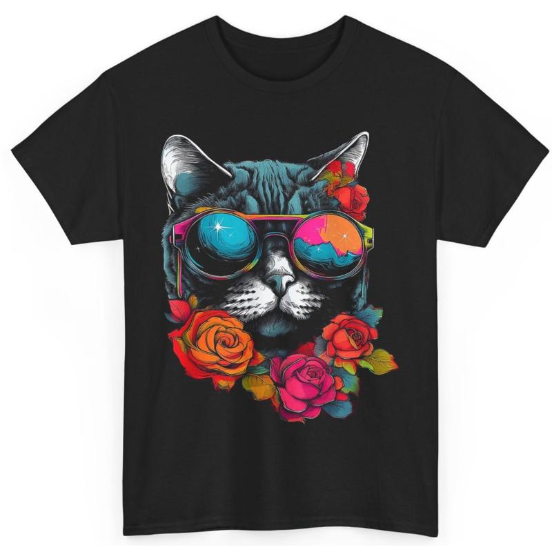 Cool Cat with Sunglasses Roses Graphic T Shirt S