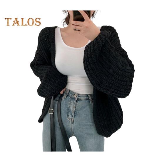 Pullovermantel für Damen, V-Ausschnitt, Laterne, lange Ärmel, offener Strickmantel, einfarbig, lässige Strickmode für den Alltag