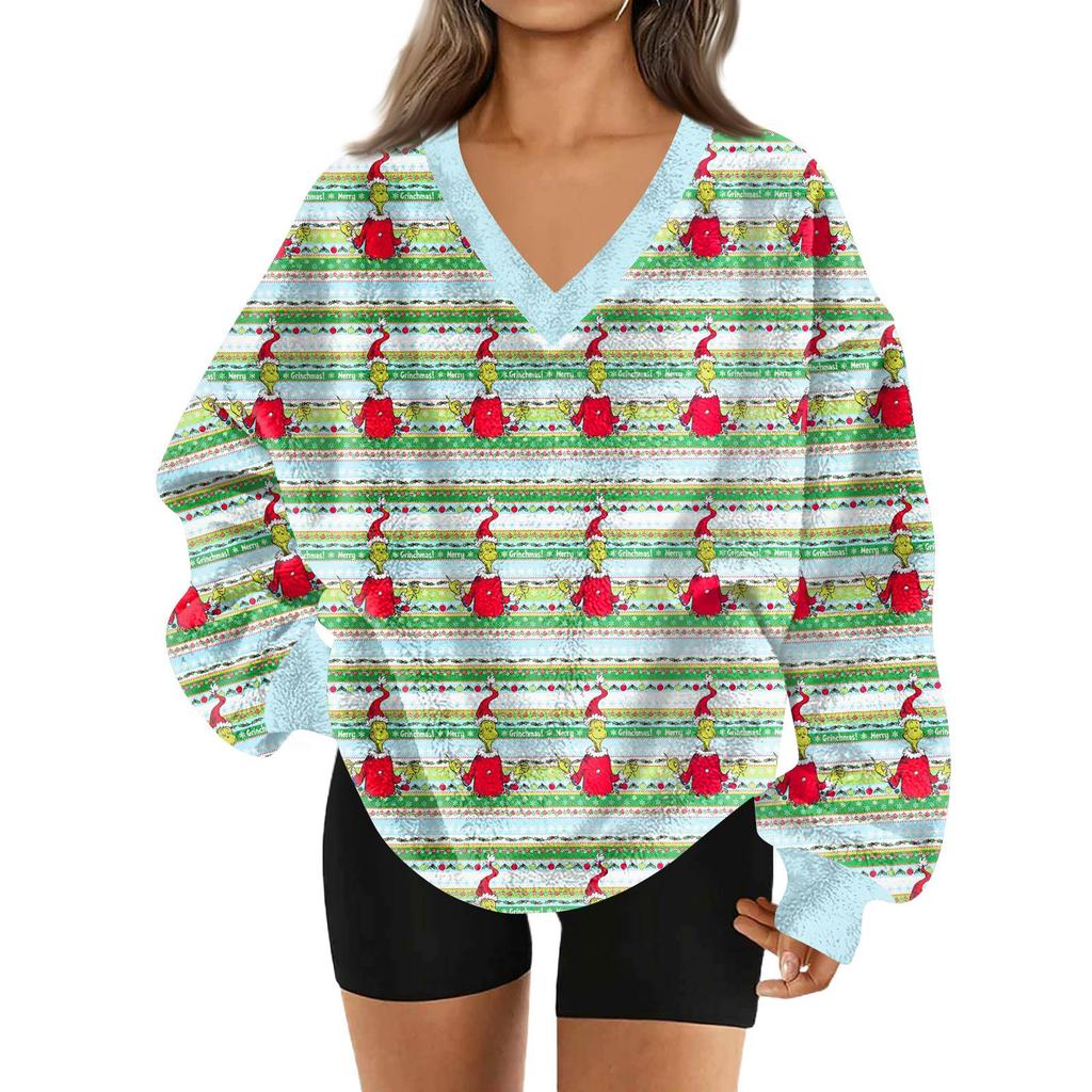 Women's Fashionable V-neck Christmas Printed Long Sleeved Casual Pullover Plush Warm Pocket Sweatshirt Top