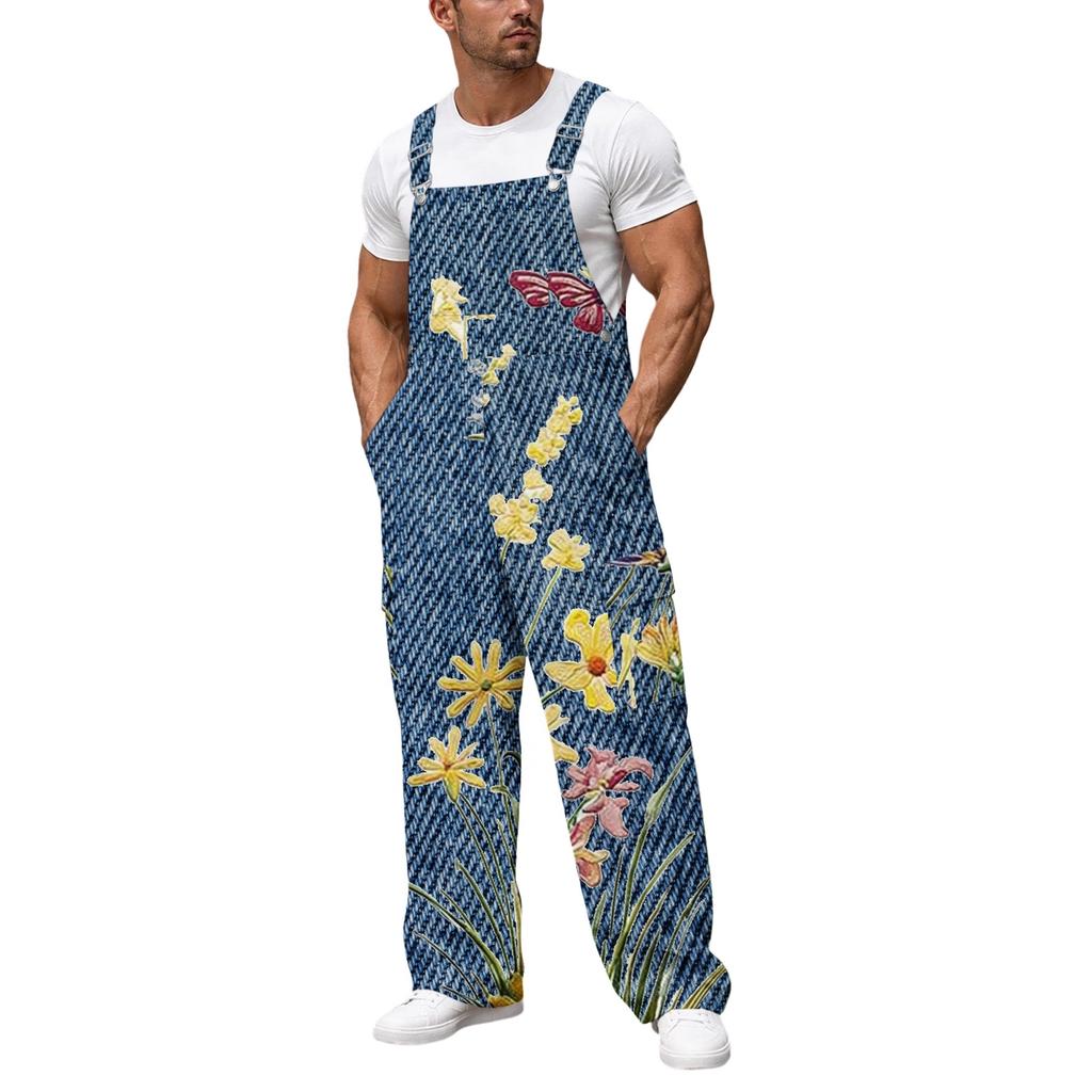 Men's Loose Fit Cargo Overalls Wide Leg Jumpsuit with Multi-Pocket Utility Pockets
