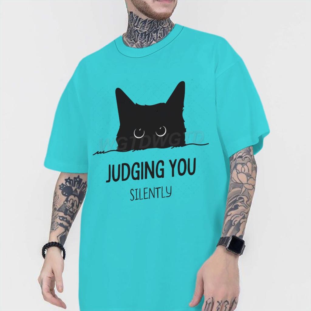Judging You Silently Print T Shirt Men Women Sarcastic Humor Streetwear Short Sleeve Harajuku Cat Tee Male 100 Cotton Fun Shirt