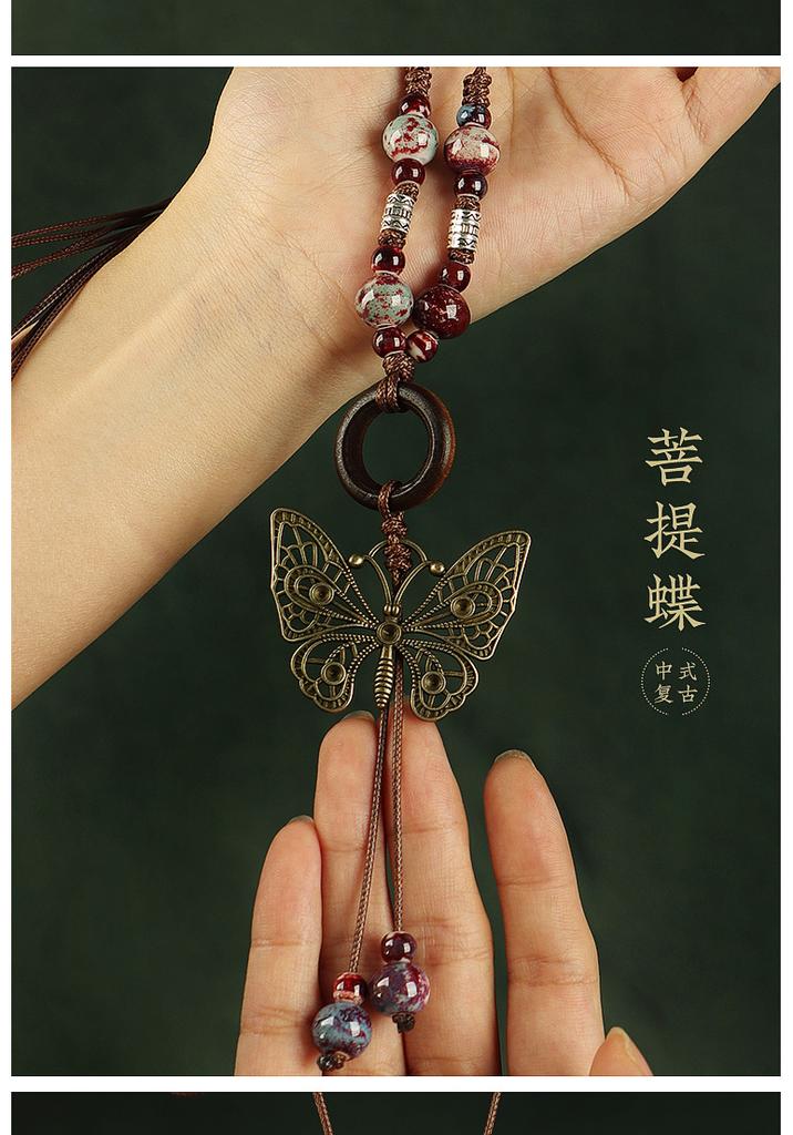 Qingge Ethnic Style Necklace, Retro Versatile Butterfly Color Glaze Pendant, Sweater Chain, Changchun Summer, Women'S Land