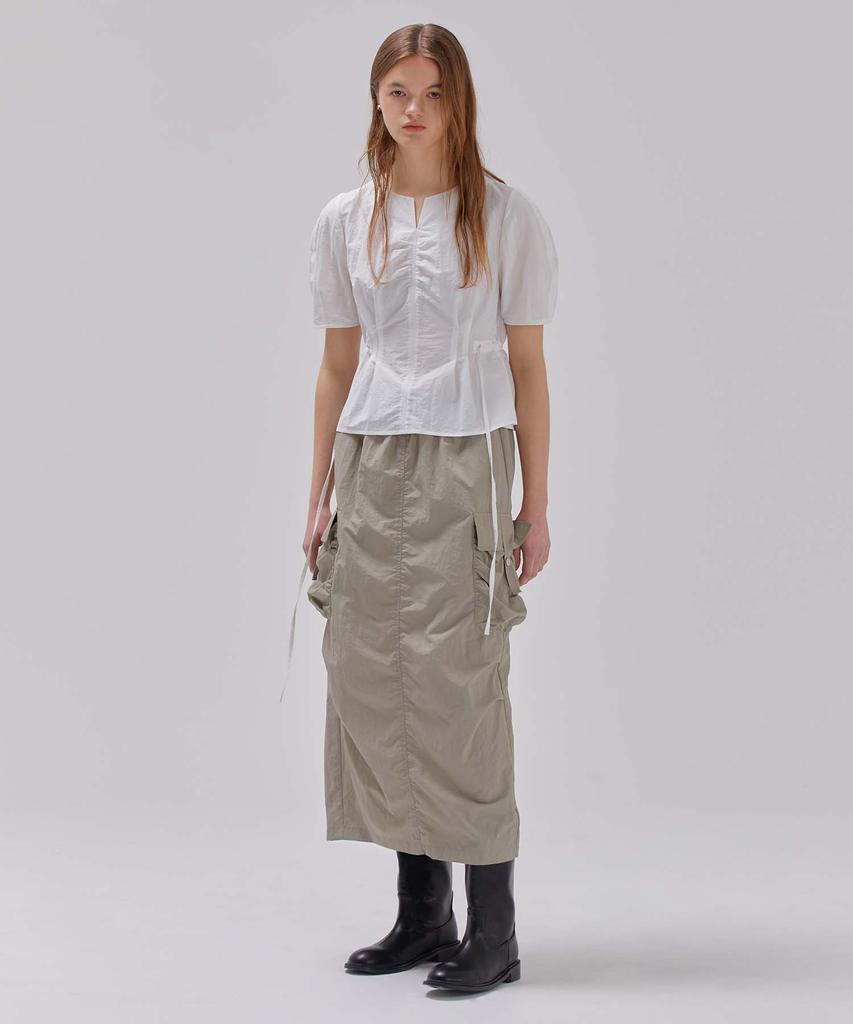 Leibeu Cargo Shirring Skirt In Khaki Vw3Ms091-42