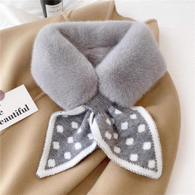 

Winter Keep Warm Faux Fur Scarf for Women Scarves Wool Stitching Faux Rabbit Fur Cross Plush Snood Fur Collar Cute Girls Scarfs серый