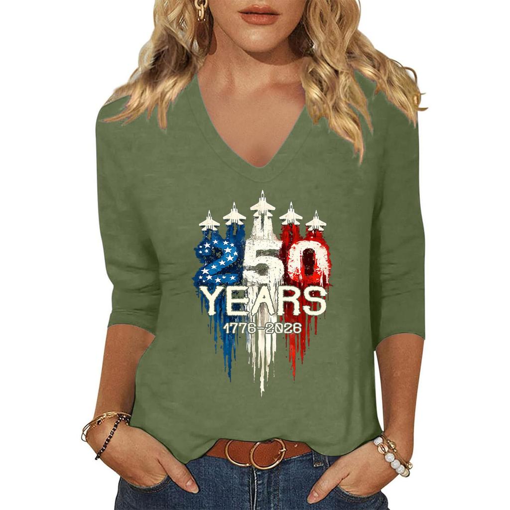 Womens Casual V Neck Top with 250 Years 1776 to 2026 Independence Day Printed Graphic Loose Fit Half Sleeve Shirt