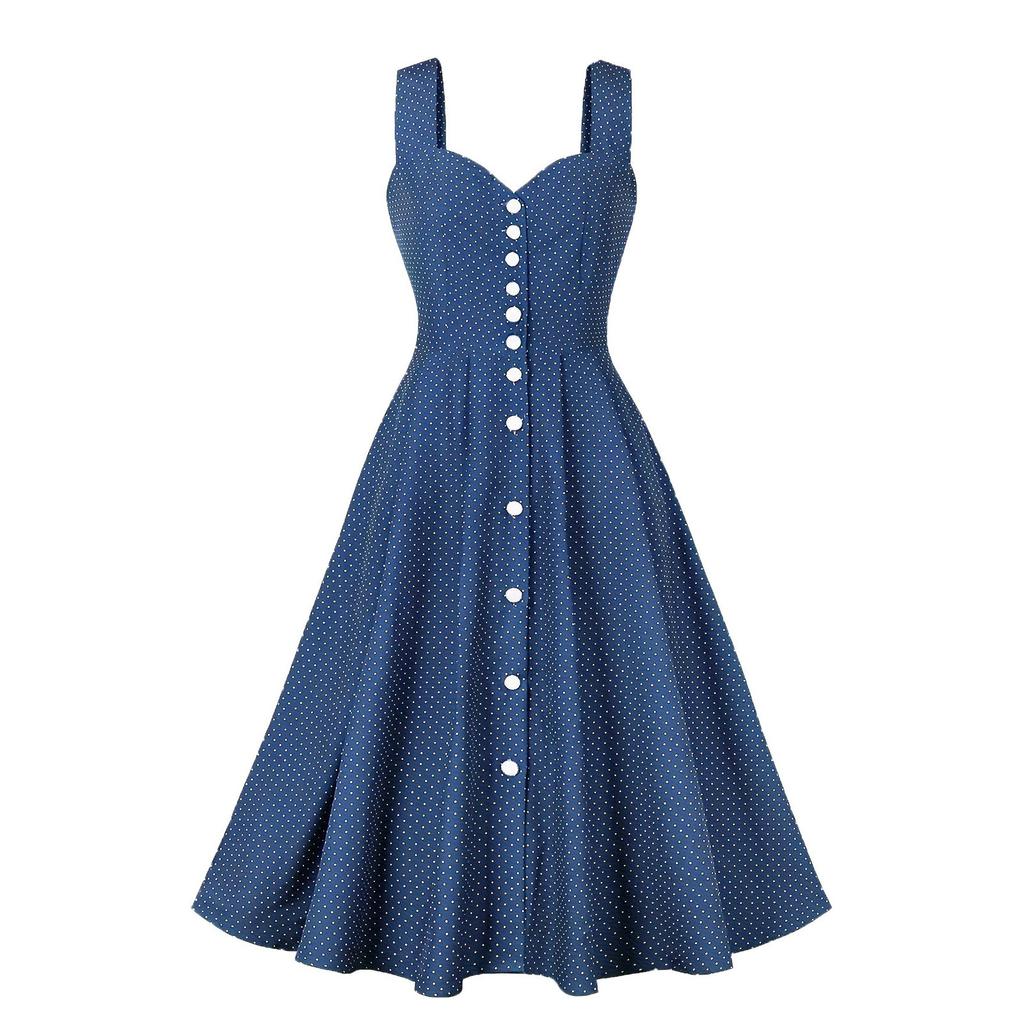 Women's Polka Dot Suspender Sleeveless Button High Waist Vintage Dress With Pockets