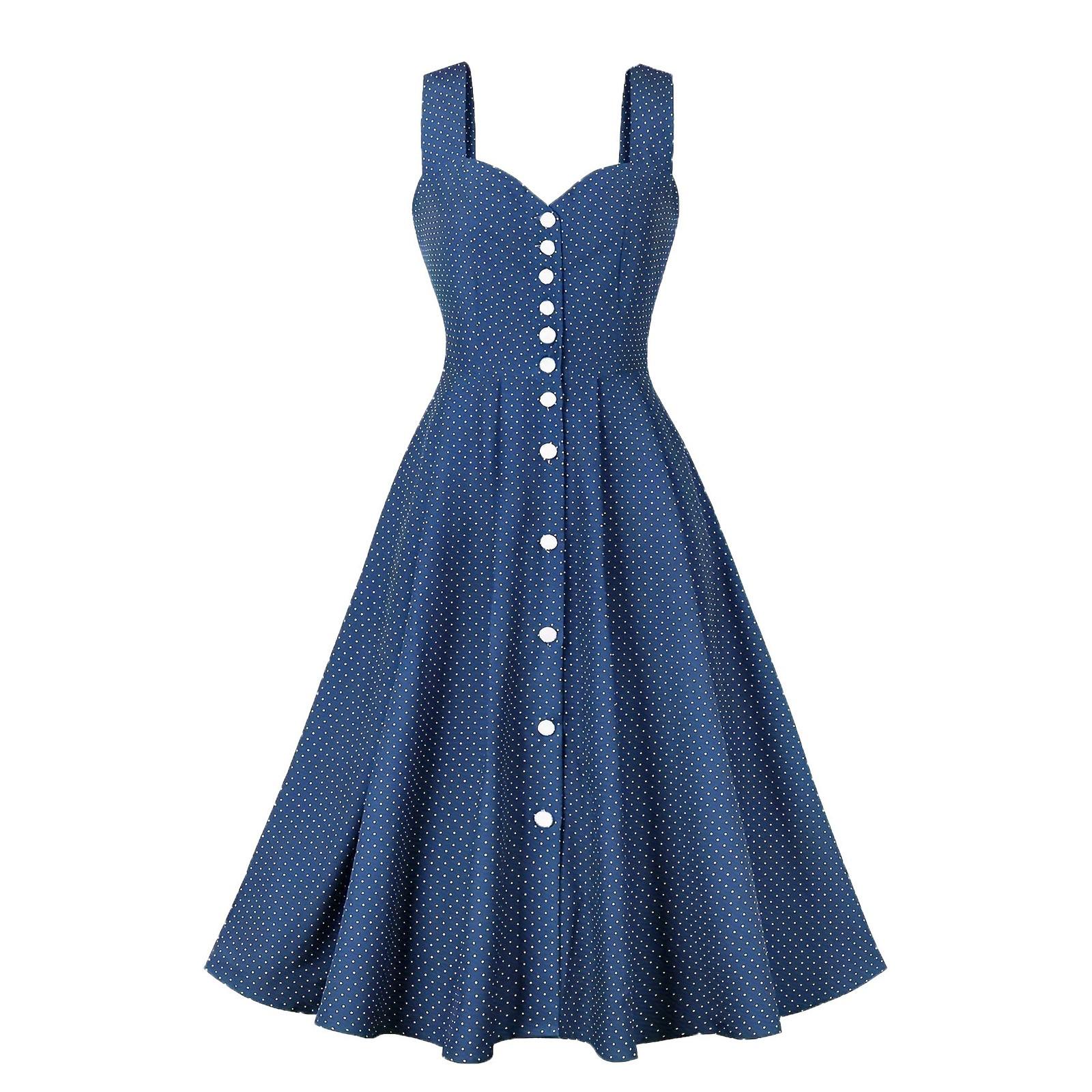 

Women s Polka Dot Suspender Sleeveless Button High Waist Vintage Dress With Pockets XL
