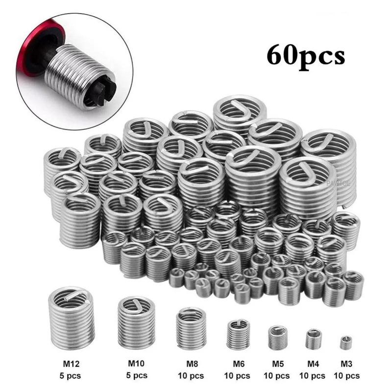 60Pcs Wire Thread Insert M3 M4 M5 M6 M8 M10 M12 Fastening Thread Insert Stainless Steel Spiral Wire Screw Sleeve Wear Repair Kit